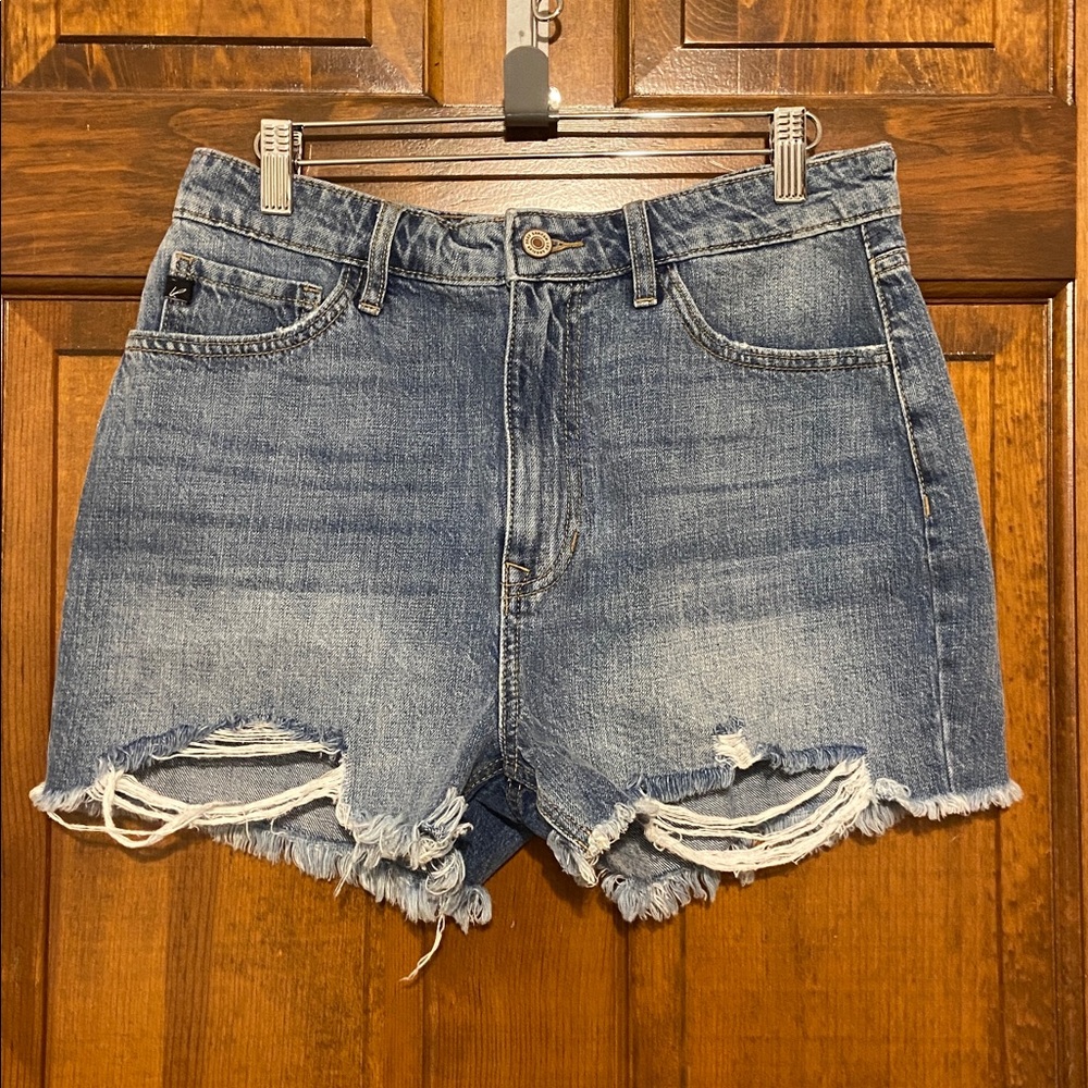 KanCan denim shorts high-rise waist and distressed frayed hem Size 9 - Picture 2 of 11